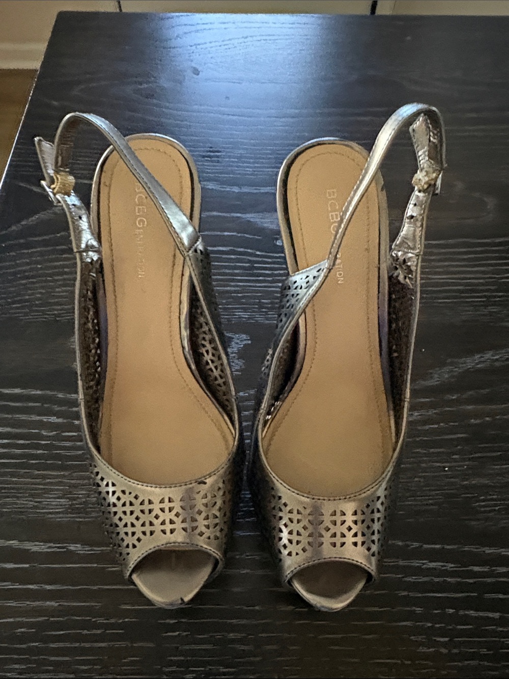 BCBG Metallic Silver Perforated Peep-Toe Slingback Heels